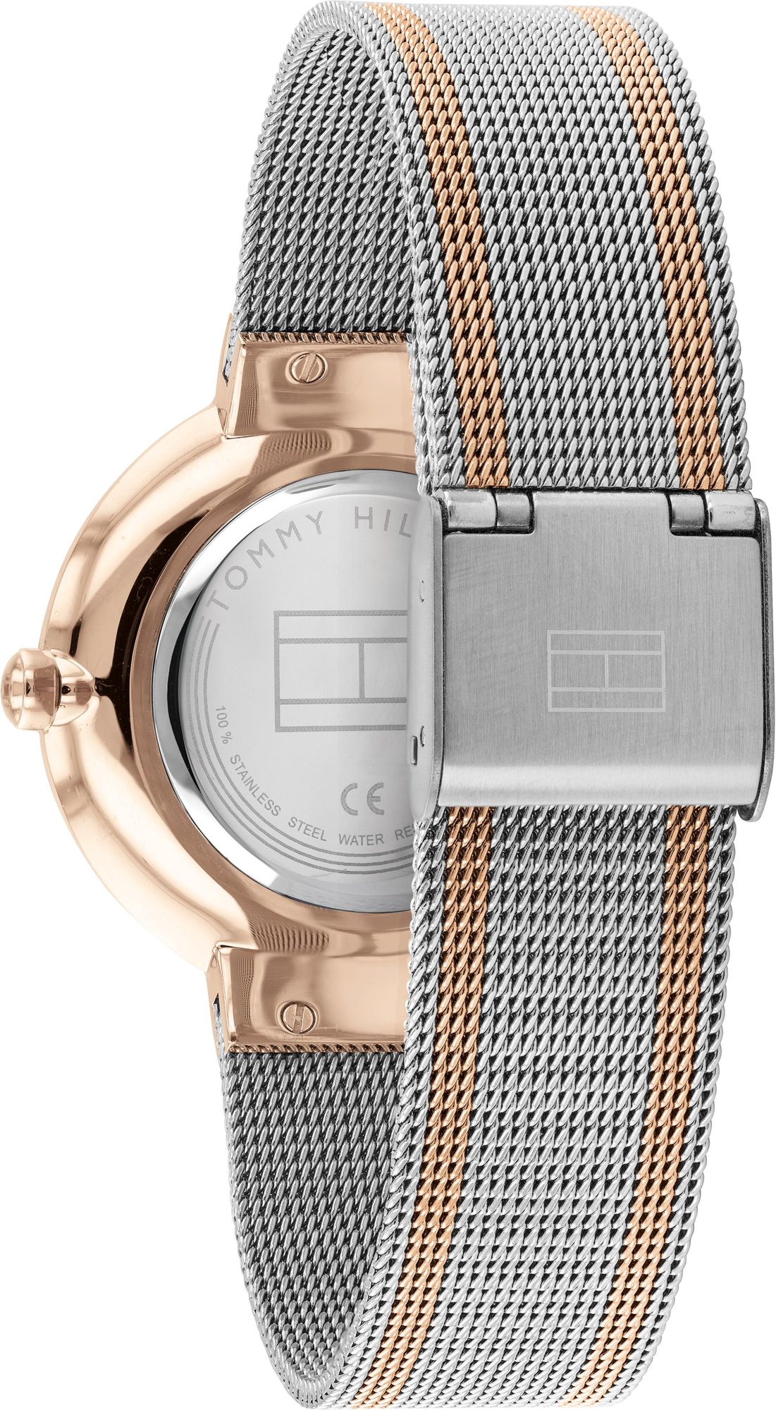 Angled view of the Tommy Hilfiger 1782221 highlighting the polished two-tone case