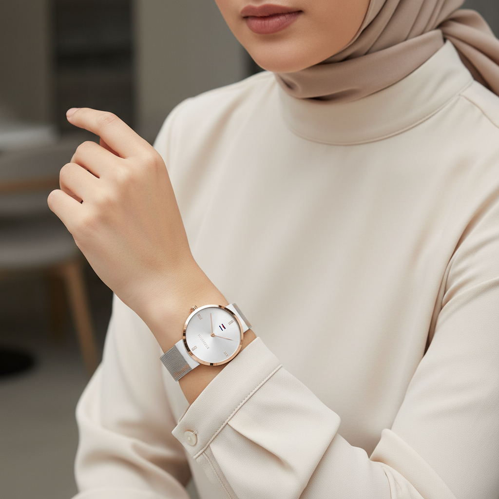 Female model wearing Tommy Hilfiger 1782221 two-tone watch with a chic and elegant outfit