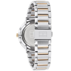 Left side perspective of the Tommy Hilfiger 1782298 blue dial and two-tone bracelet