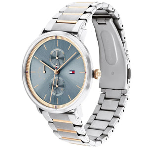 Angled view of the Tommy Hilfiger 1782298 highlighting the polished two-tone stainless steel case