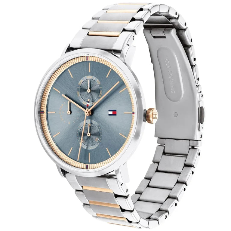 Angled view of the Tommy Hilfiger 1782298 highlighting the polished two-tone stainless steel case