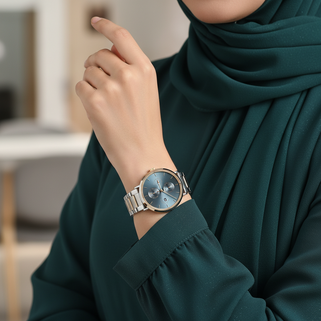 Female model wearing Tommy Hilfiger 1782298 two-tone watch with an elegant daily outfit