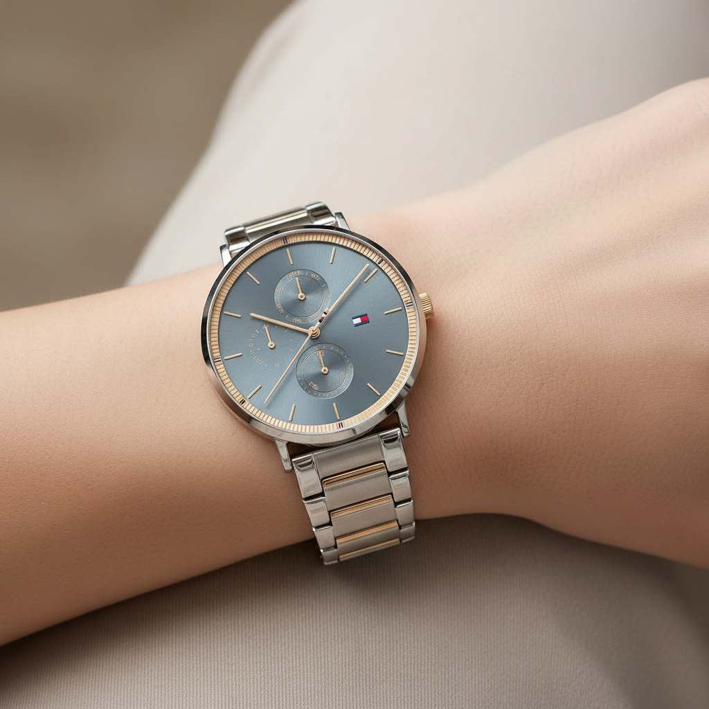 Close up shot of Tommy Hilfiger 1782298 watch on wrist showing the slim case and blue dial