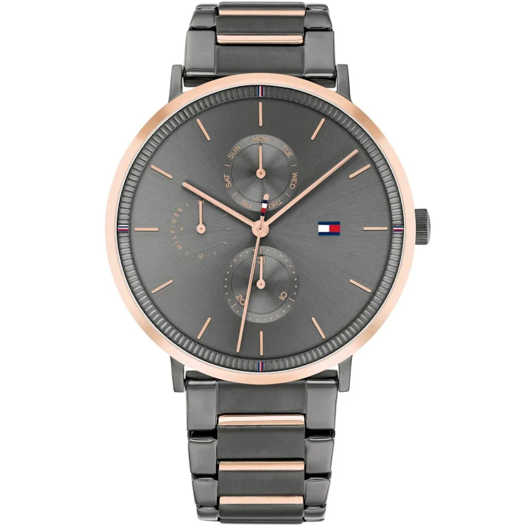 Tommy Hilfiger Jenna 1782300 women's watch with gunmetal case, rose gold bezel, and two-tone bracelet
