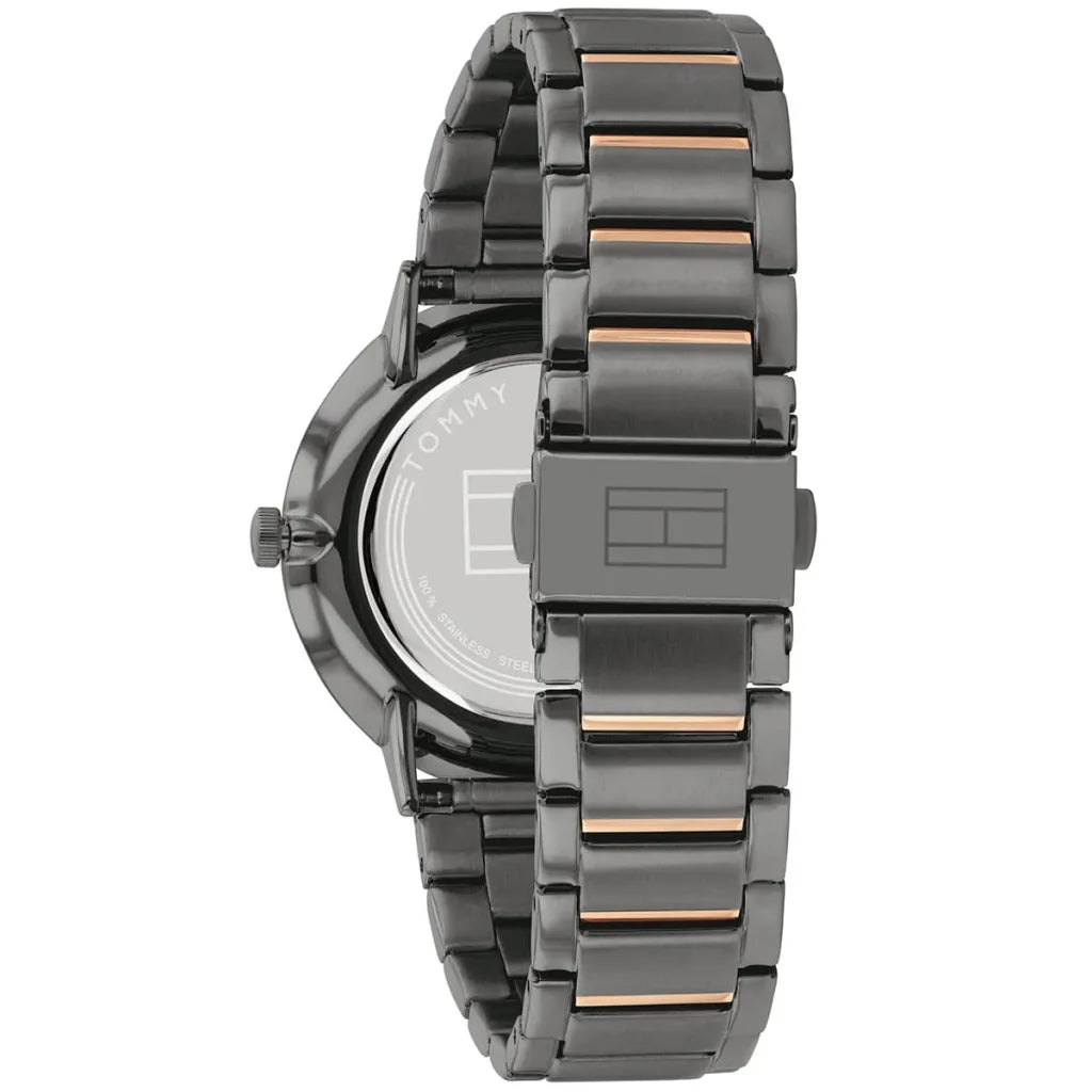 Side profile highlighting the gunmetal and rose gold stainless steel links of Tommy Hilfiger 1782300