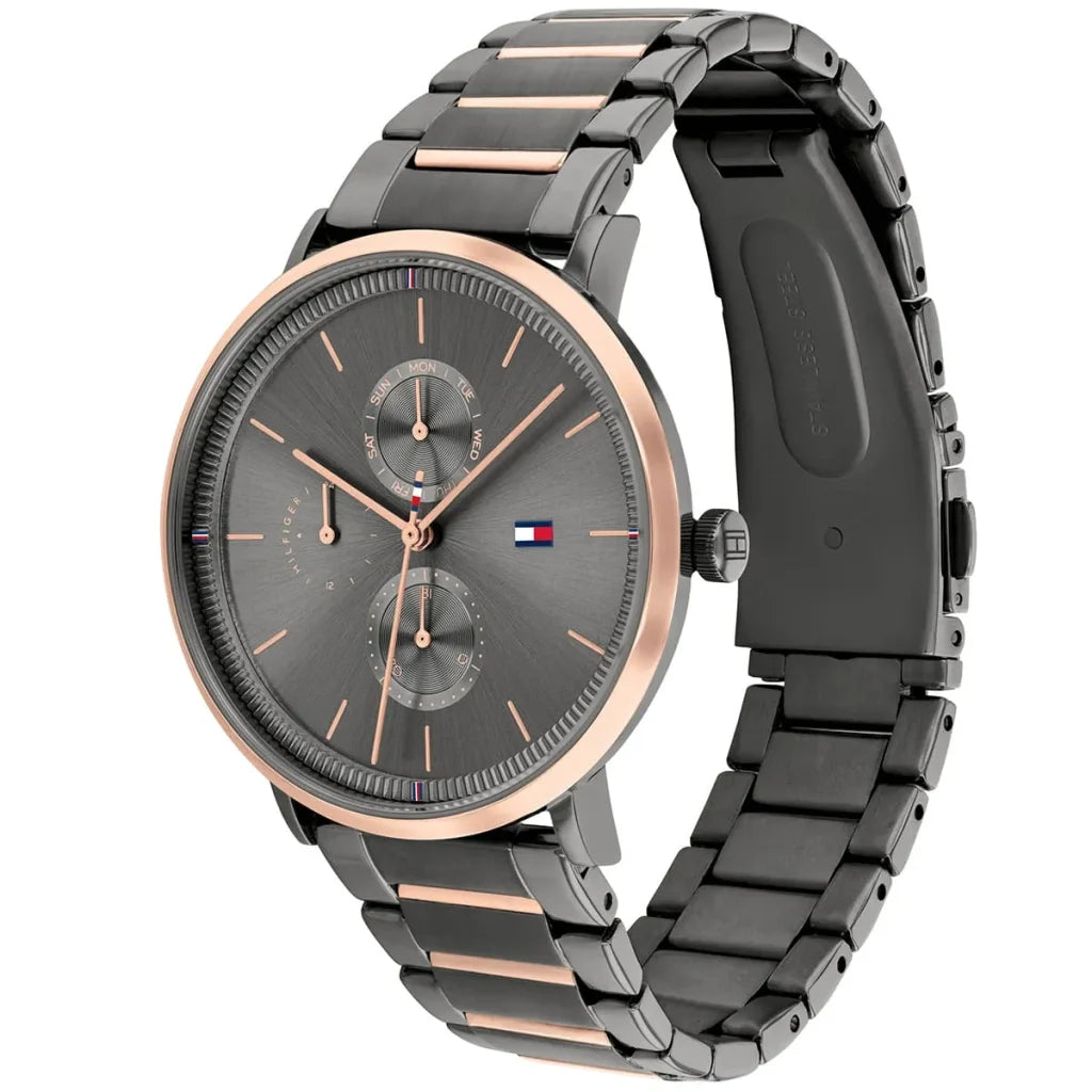 Side view of Tommy Hilfiger 1782300 showing the rose gold crown and slim 7.6mm case profile