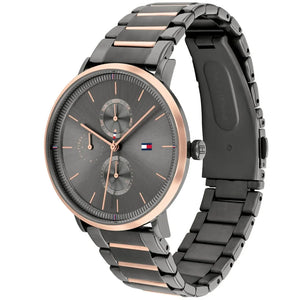 Side view of Tommy Hilfiger 1782300 showing the rose gold crown and slim 7.6mm case profile