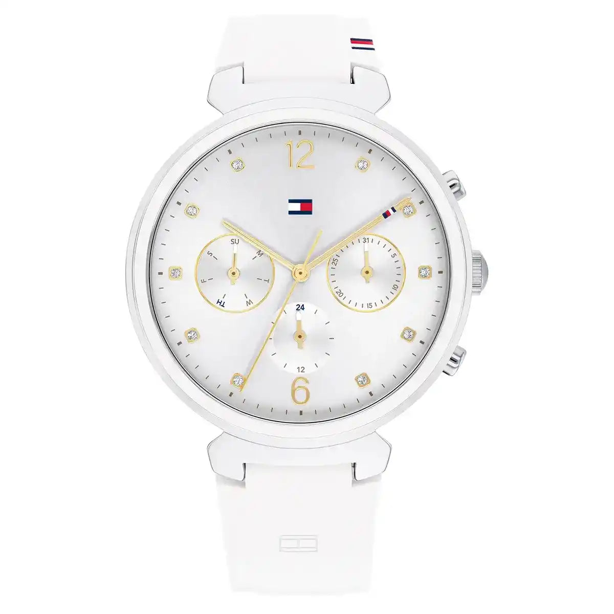 Tommy Hilfiger Ivy 1782342 women's watch with silver case, white dial, and white rubber strap