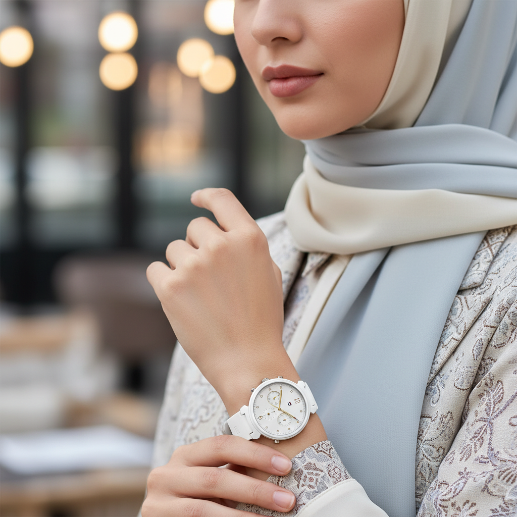 Female model wearing Tommy Hilfiger 1782342 white rubber watch with a stylish outfit