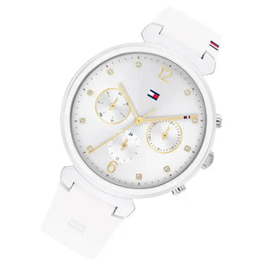 Side view highlighting the smooth texture of the white rubber strap on Tommy Hilfiger 1782342