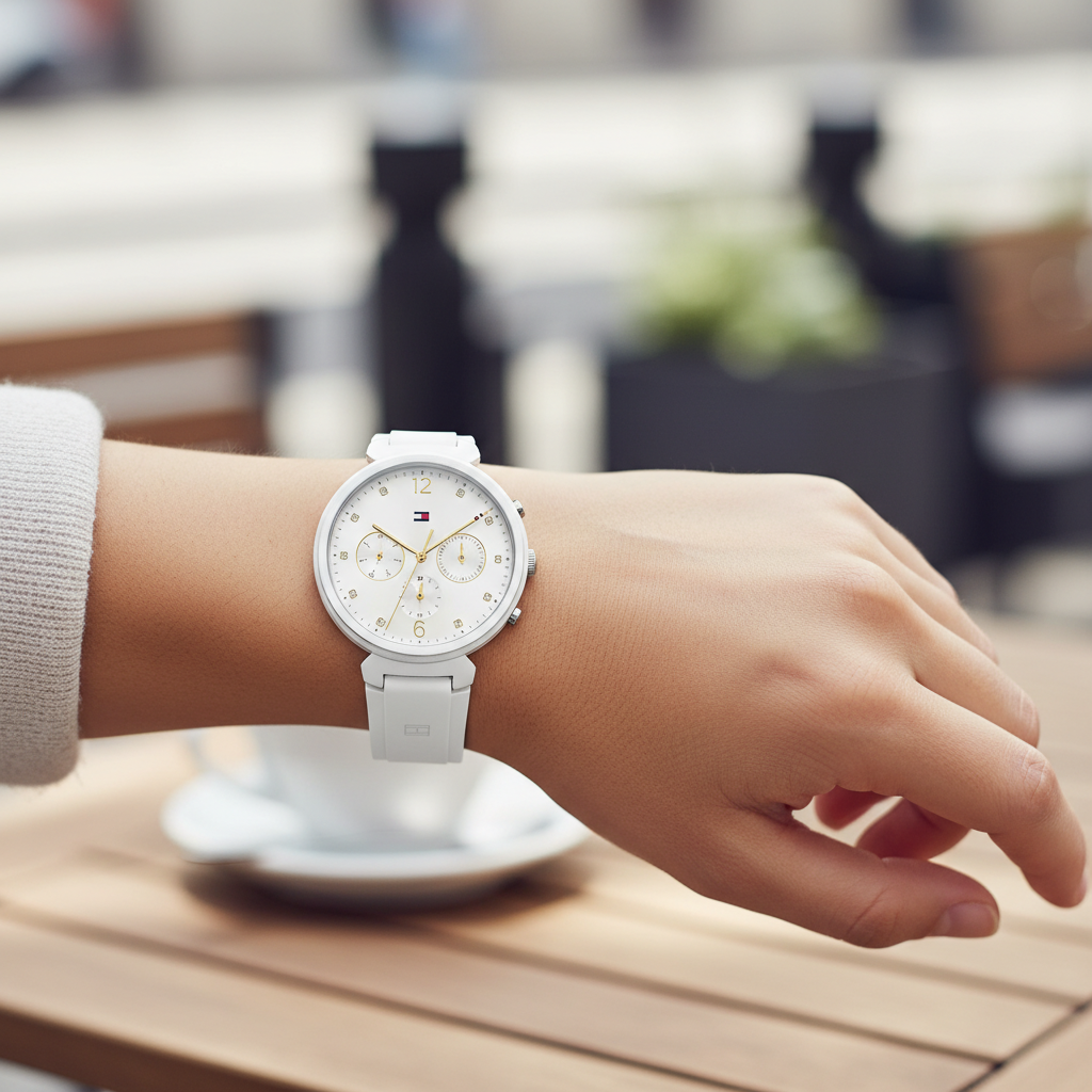 Detailed macro view of the white dial, gold-tone hands, and crystal markers of Tommy Hilfiger 1782342