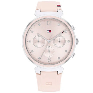 Tommy Hilfiger Lori 1782343 women's watch with silver case, pink dial, and pink rubber strap