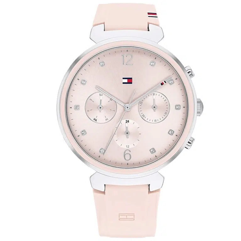 Tommy Hilfiger Lori 1782343 women's watch with silver case, pink dial, and pink rubber strap