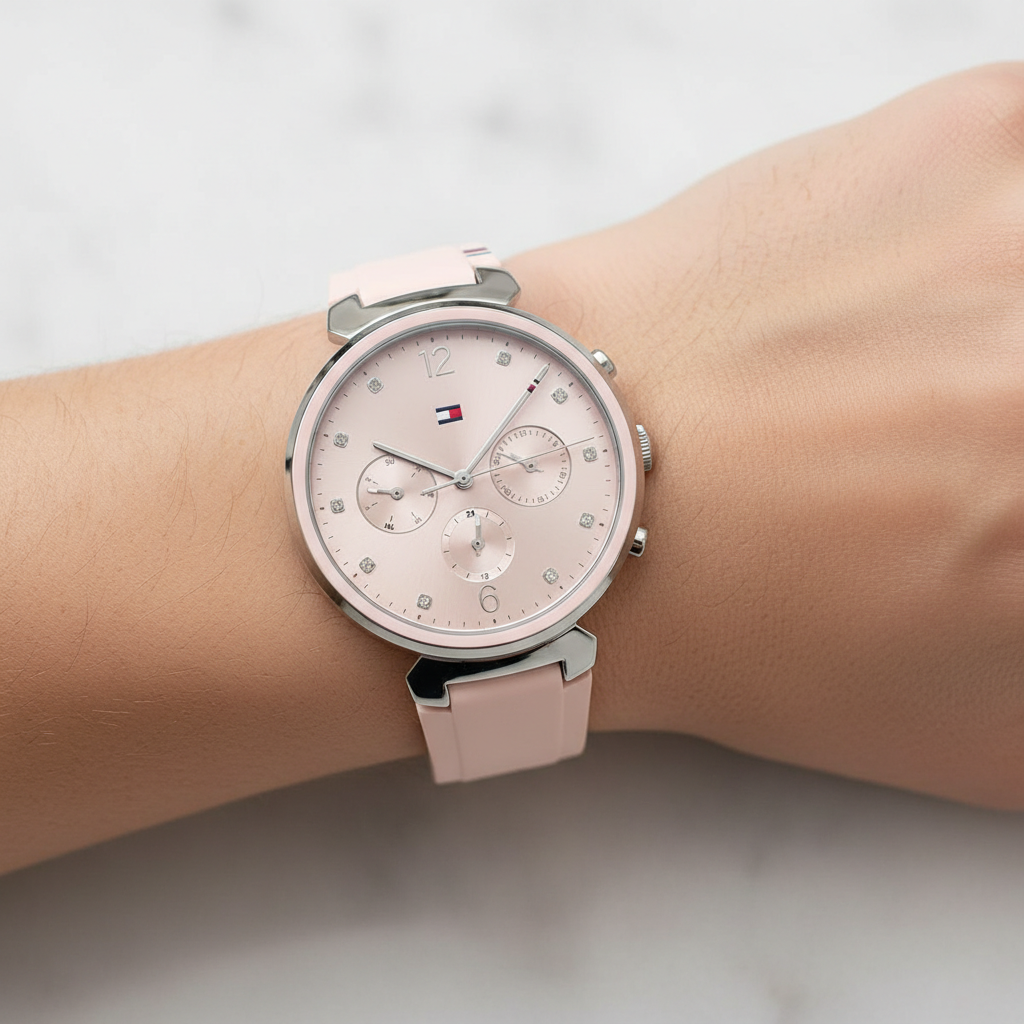 Detailed macro view of the pink sunray dial and crystal markers of Tommy Hilfiger 1782343
