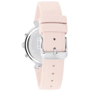 Side view highlighting the smooth texture of the pink rubber strap on Tommy Hilfiger 1782343
