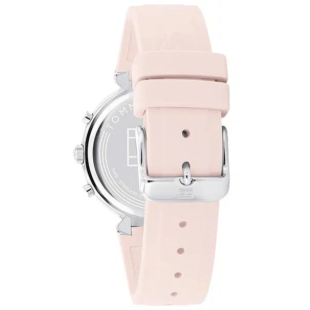Side view highlighting the smooth texture of the pink rubber strap on Tommy Hilfiger 1782343