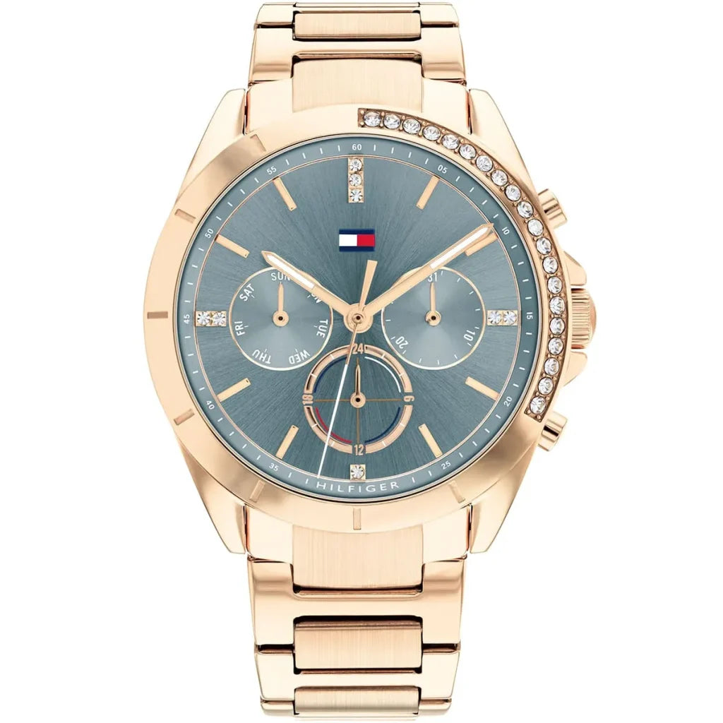 Tommy Hilfiger Kennedy 1782386 women's multifunction watch with rose gold-tone case, blue dial, and steel bracelet