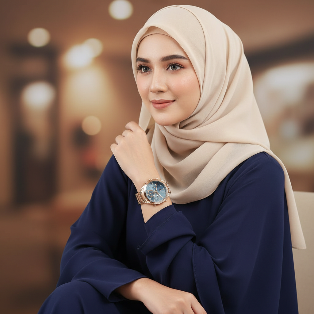 Female model wearing Tommy Hilfiger Kennedy 1782386 rose gold watch with a formal elegant outfit
