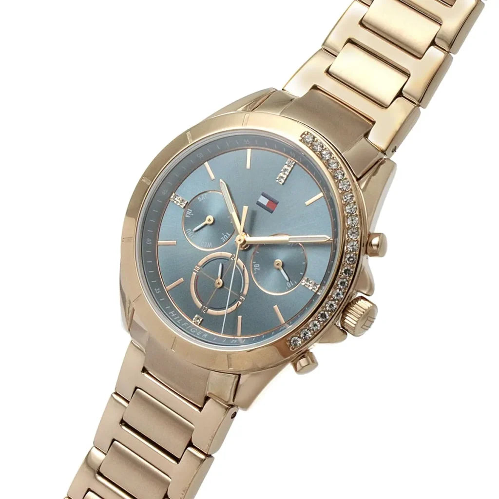 Side perspective highlighting the rose gold-tone stainless steel links of the Tommy Hilfiger 1782386 bracelet
