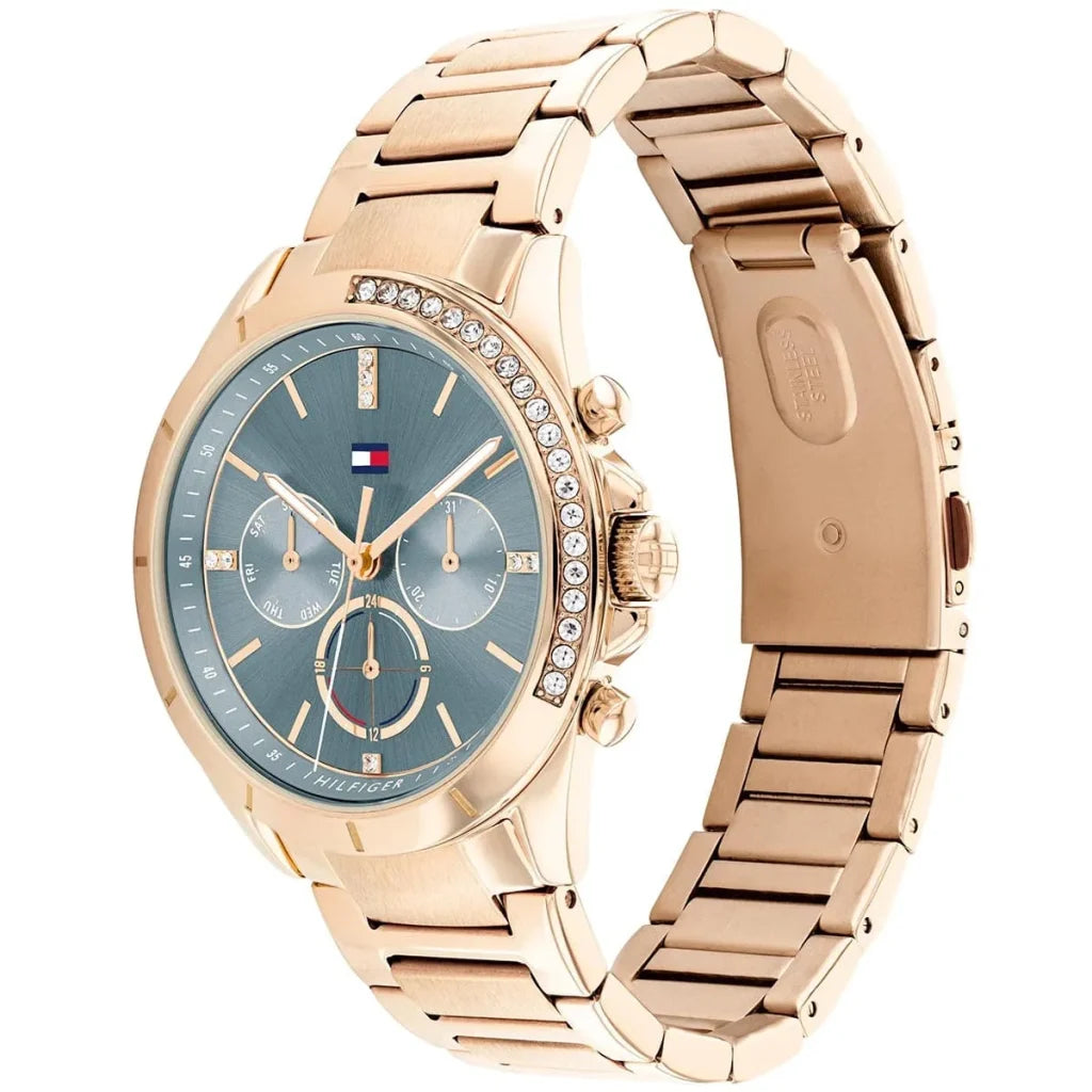 Side view of Tommy Hilfiger 1782386 showing the rose gold crown and slim case profile