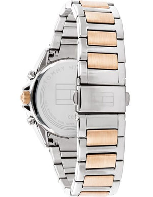 Left side perspective of the Tommy Hilfiger 1782387 silver dial and two-tone bracelet links