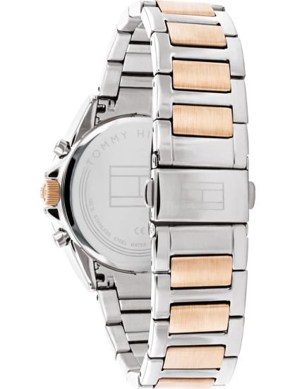 Left side perspective of the Tommy Hilfiger 1782387 silver dial and two-tone bracelet links