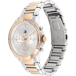 Angled view of the Tommy Hilfiger 1782387 highlighting the polished rose gold and crystal bezel detail