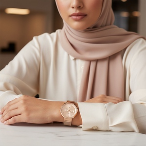 Female model wearing Tommy Hilfiger 1782387 two-tone watch with a sophisticated glamorous outfit
