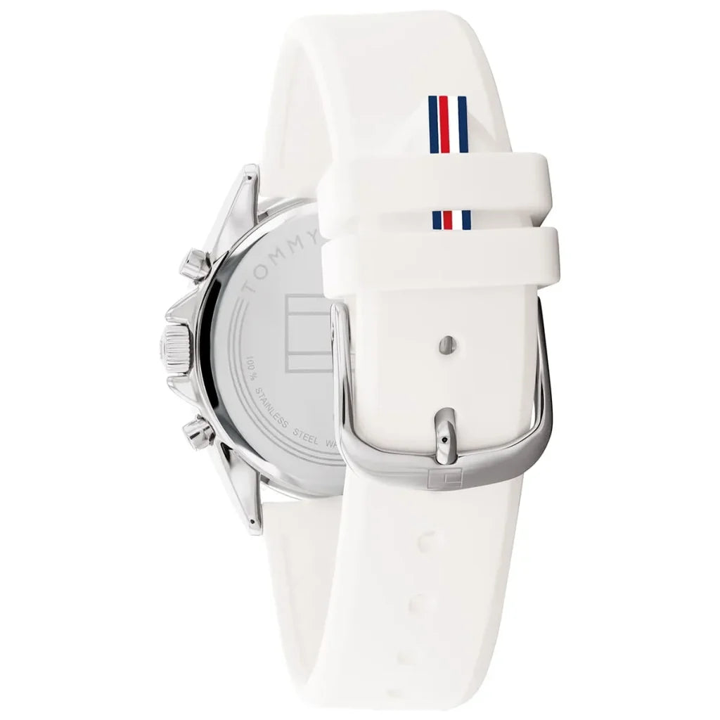 Left side angled perspective showing the elegant silver-tone construction of Tommy Hilfiger 1782388
