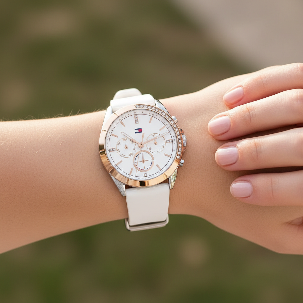 Detailed macro view of the crystal-studded gold bezel and white dial of Tommy Hilfiger 1782388