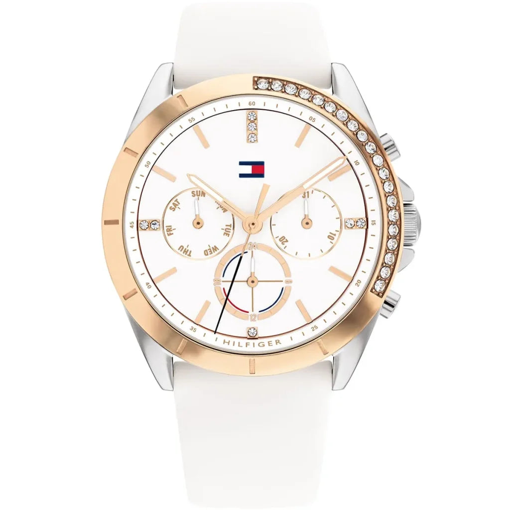 Tommy Hilfiger Kennedy 1782388 women's watch with silver/gold case and white rubber strap