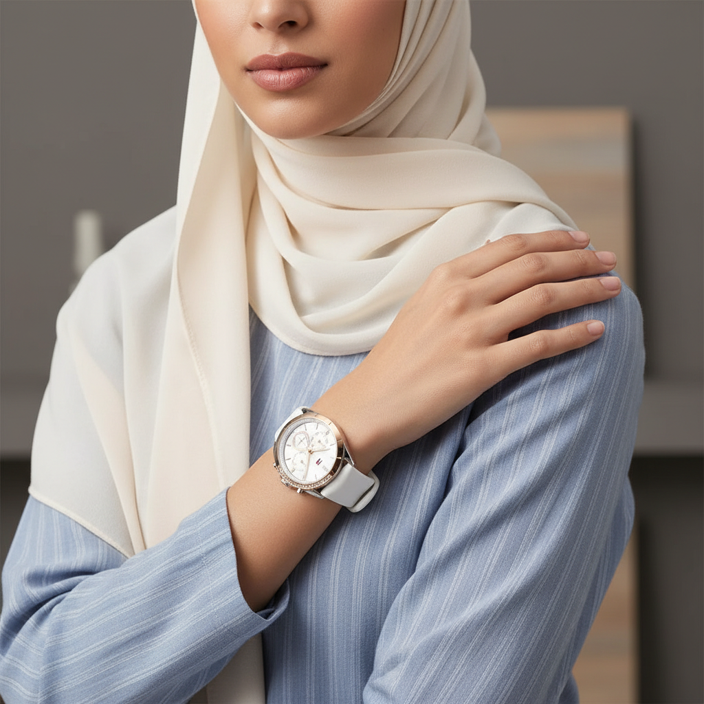 Female model wearing Tommy Hilfiger Kennedy 1782388 white rubber watch with a stylish casual outfit