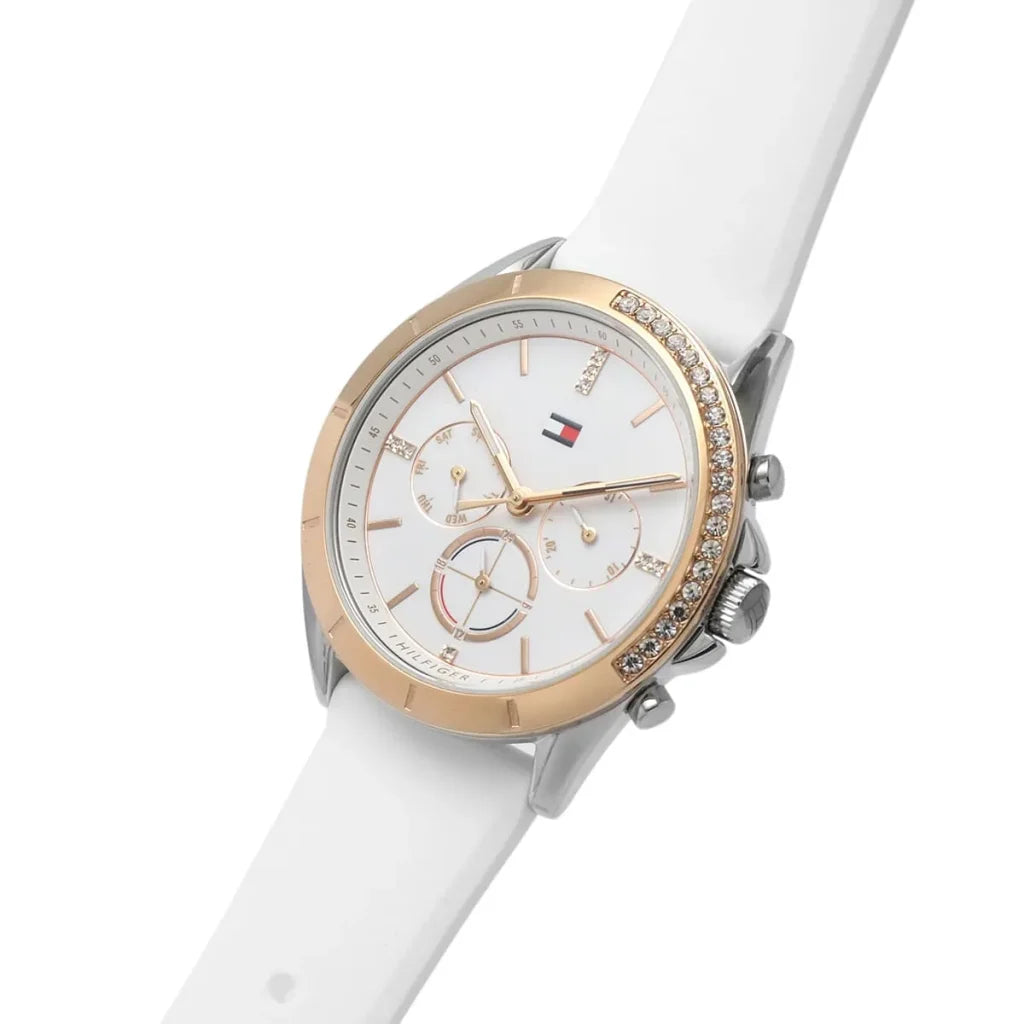Side perspective highlighting the smooth texture of the white rubber strap on Tommy Hilfiger 1782388
