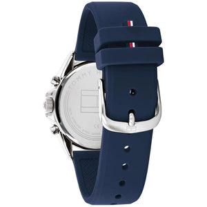 Silver-tone stainless steel buckle clasp on the navy blue rubber strap of the 1782389
