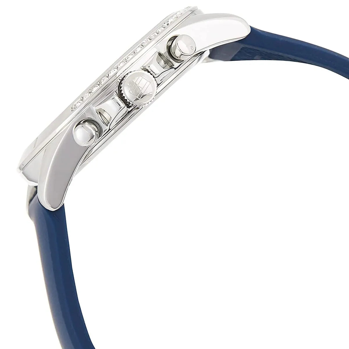 Detailed side view of the silver-tone crown and the sparkling crystal accents on the bezel of the 1782389