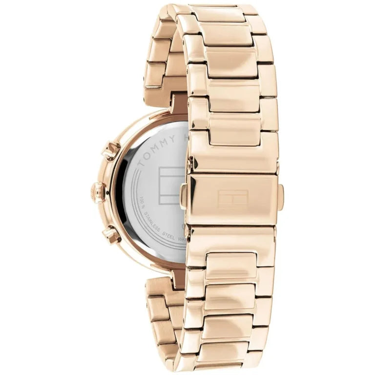 Left side perspective of the Tommy Hilfiger 1782391 rose gold dial and gold bracelet