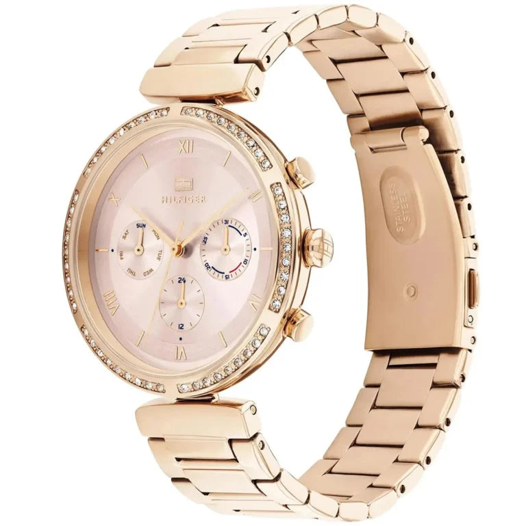 Angled view of the Tommy Hilfiger 1782391 highlighting the polished gold stainless steel case