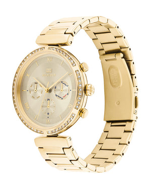 Left side perspective of the Tommy Hilfiger 1782392 gold dial and link bracelet