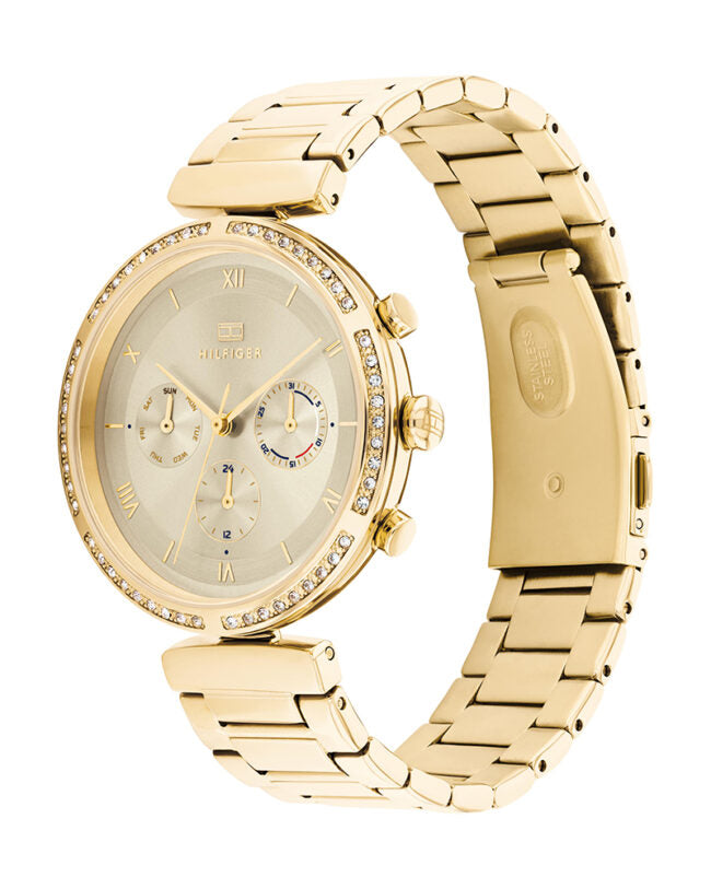 Left side perspective of the Tommy Hilfiger 1782392 gold dial and link bracelet