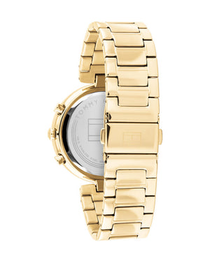 Angled view of the Tommy Hilfiger 1782392 highlighting the radiant gold finish and crystal bezel