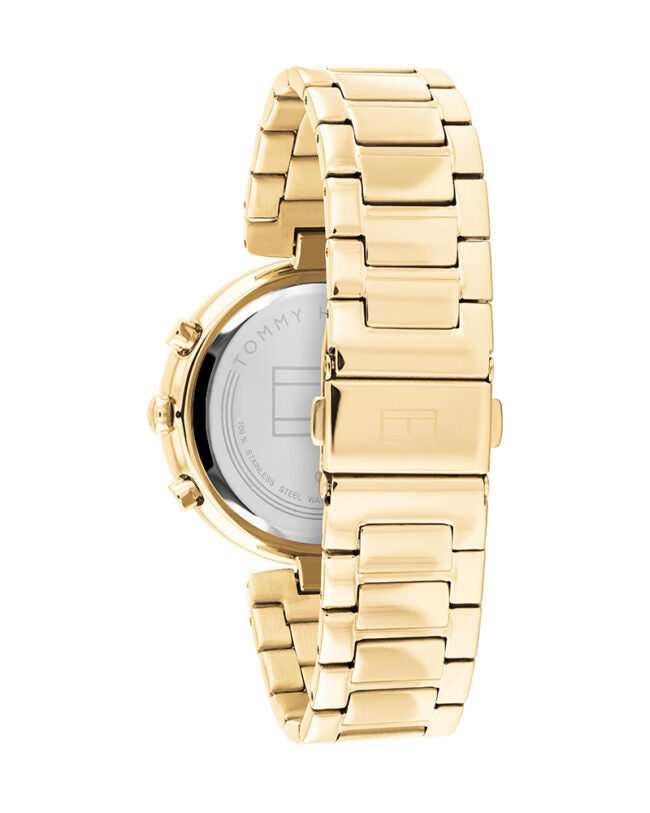 Angled view of the Tommy Hilfiger 1782392 highlighting the radiant gold finish and crystal bezel