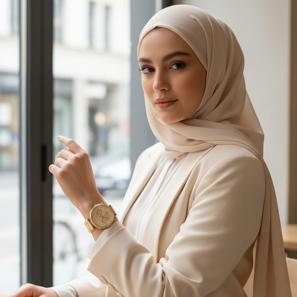 Female model wearing Tommy Hilfiger 1782392 gold crystal watch with a glamorous evening gown