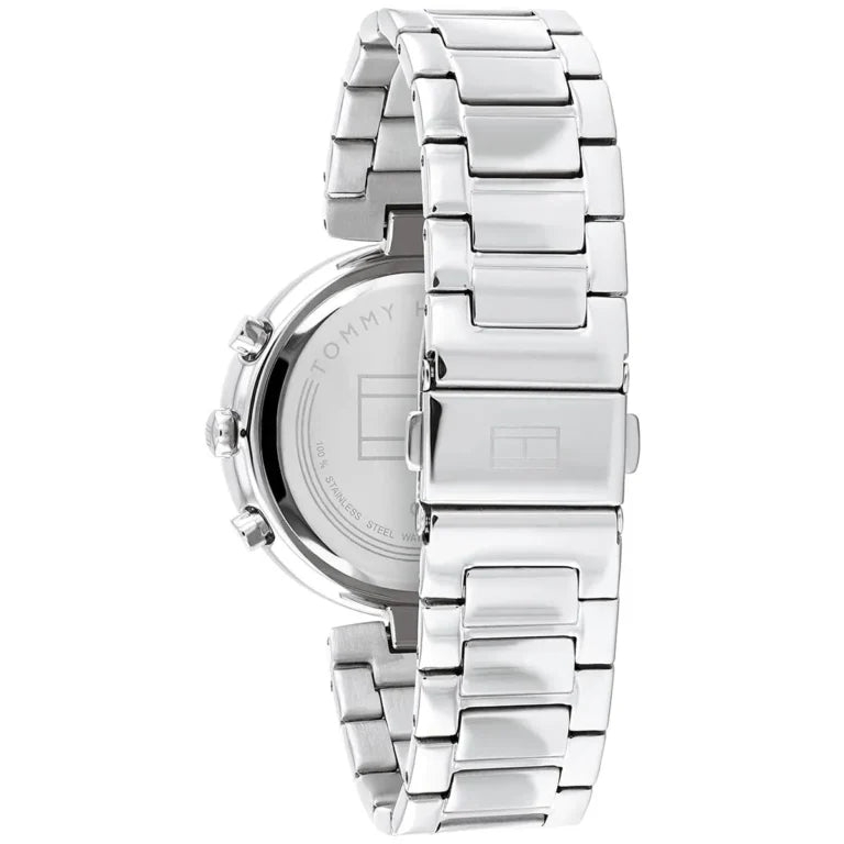 Left side perspective of the Tommy Hilfiger 1782393 silver dial and silver bracelet