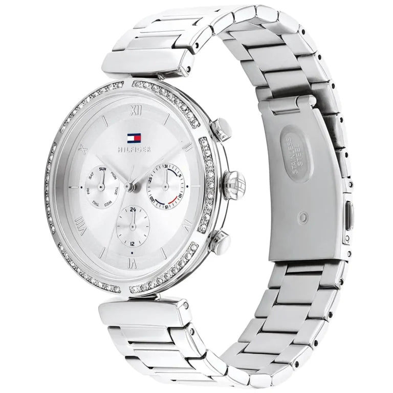 Angled view of the Tommy Hilfiger 1782393 highlighting the polished silver stainless steel case