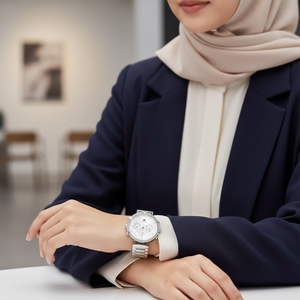 Female model wearing Tommy Hilfiger 1782393 silver watch with a sophisticated formal outfit