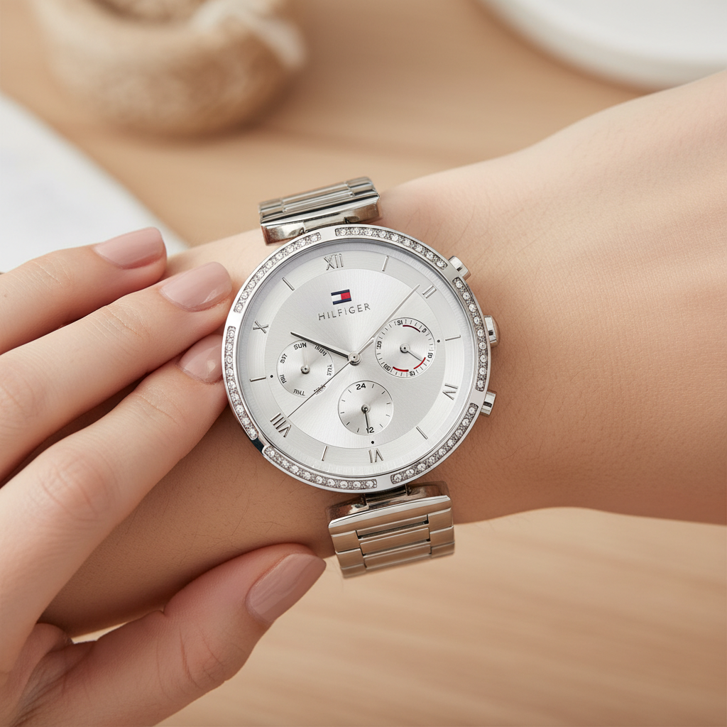 Close up shot of Tommy Hilfiger 1782393 watch on wrist showing the sparkling crystals and Roman numerals