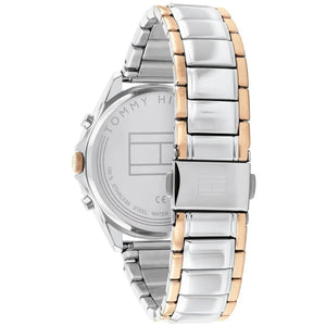Left side perspective of the Tommy Hilfiger 1782415 silver dial and two-tone bracelet