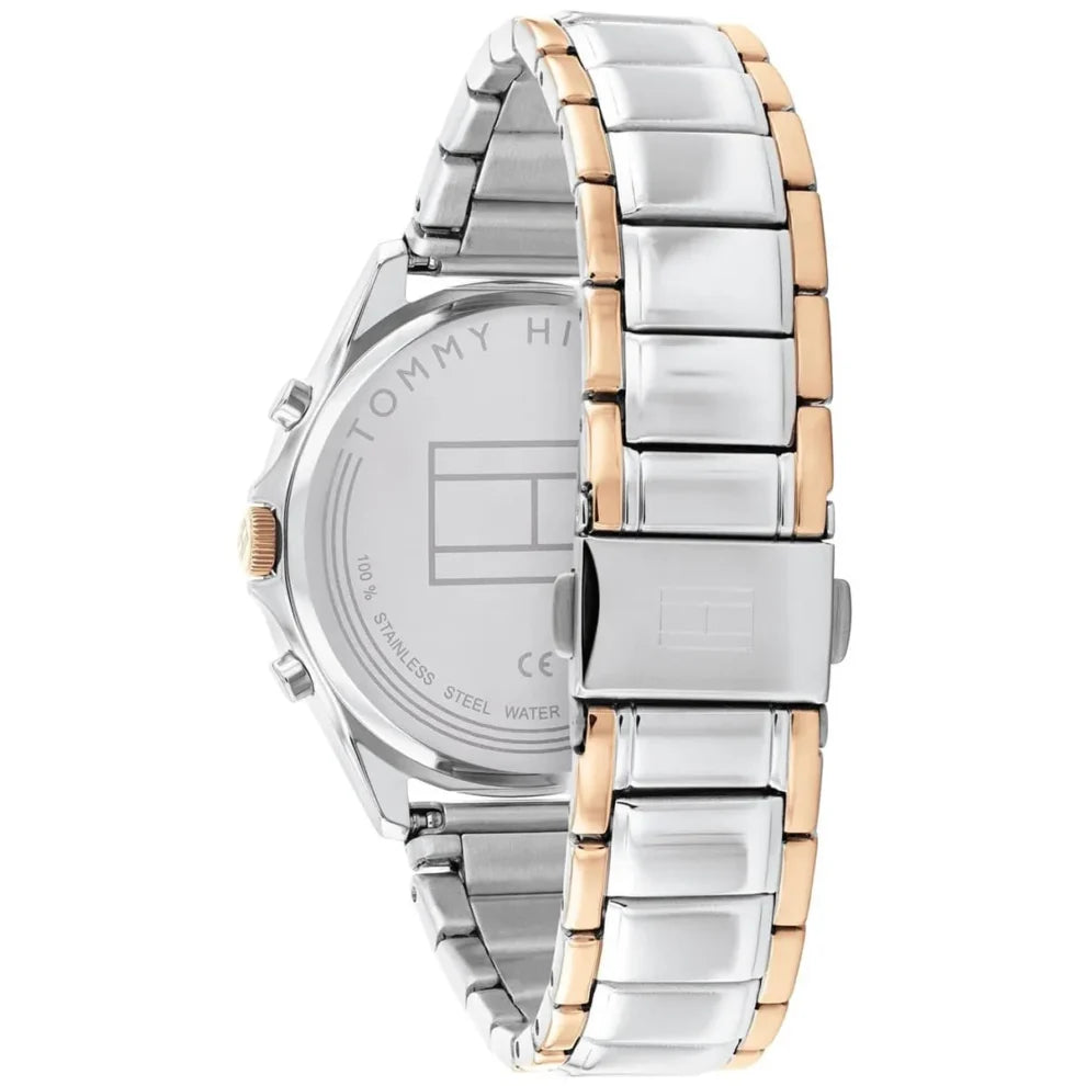 Left side perspective of the Tommy Hilfiger 1782415 silver dial and two-tone bracelet