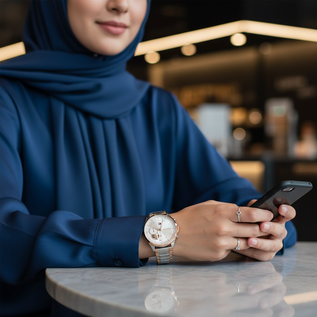 Female model wearing Tommy Hilfiger 1782415 two-tone skeleton watch with a modern luxury outfit