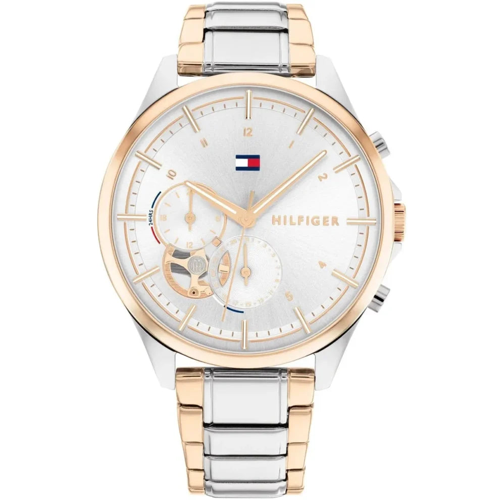 Tommy Hilfiger Quinn 1782415 women's watch with two-tone case and semi-skeleton silver dial